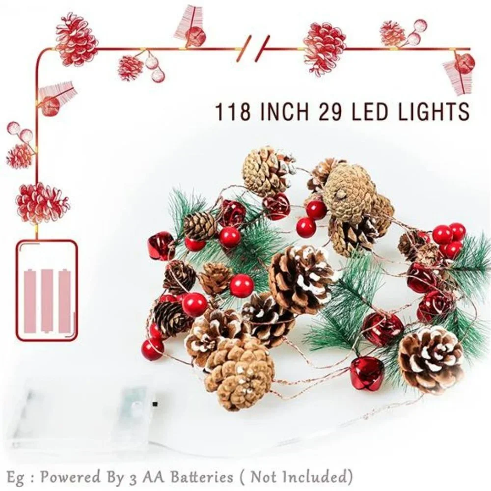 Christmas Decoration Pine Cone Red Berry Garland Lights Battery Powered